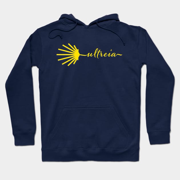 Ultreia Typography Santiago Compostela Yellow Scallop Shell Hoodie by Brasilia Catholic